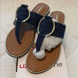 Liz Claiborne Navy Denim Toe-Post Sandals with Gold Rings